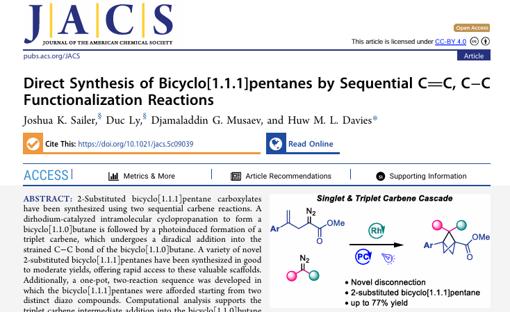 【JACS】美国埃默里大学Davies团队：通过串联C=C与C-C键的官能团化反应，直接合成双环[1.1.1]戊烷